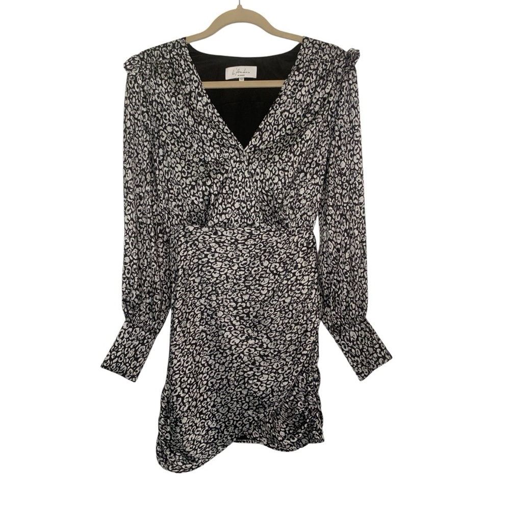 L’Academie Los Angeles Black/Gray Small Silky Faux Wrap Joyce Mini Dress